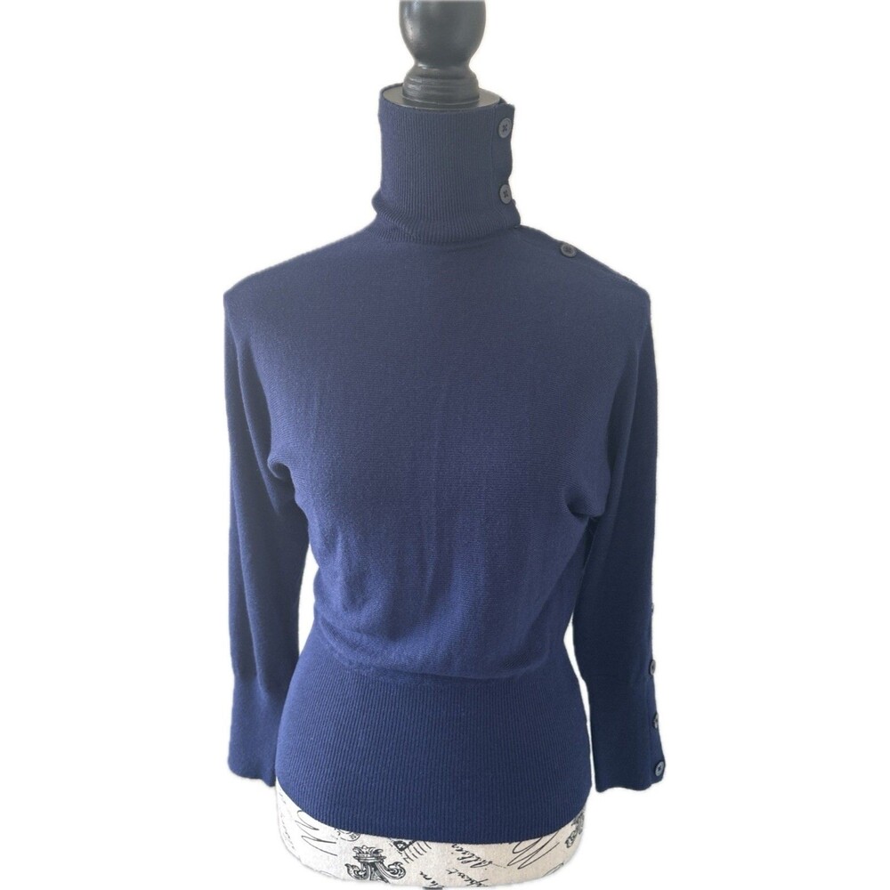 Ralph Lauren Navy Solid Turtleneck Pullover Sweater Button Shoulder Cashmere bld